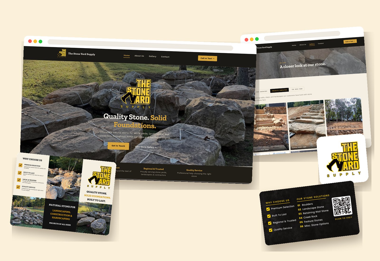The Stone Yard Supply logo, tri-fold brochure, and business cards